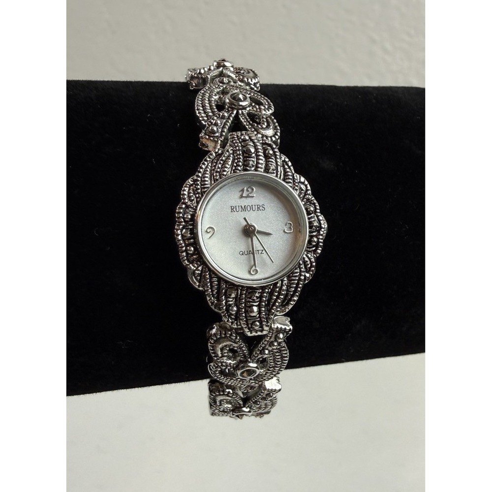 Rumours Vintage 90s Silver Tone Marcasite Style Ornate Quartz Bracelet Watch